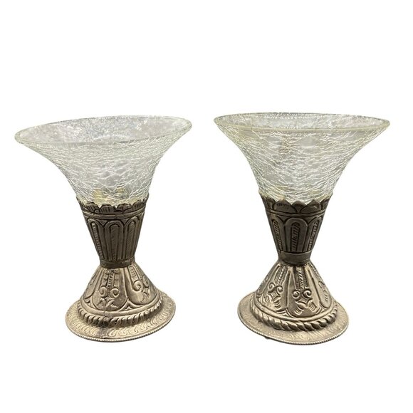 Pair of Crackle Glass with Metal base Goblets or Candle Holders 6"H x 5"D - Picture 1 of 4